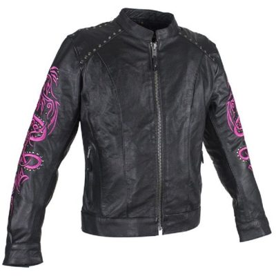 Ladies Black Leather Biker Racer Jacket w Phoenix Embroidery Studding 