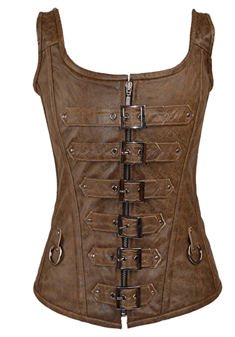 6 Buckle Zip Front Corset in Brown Leather VC1318R